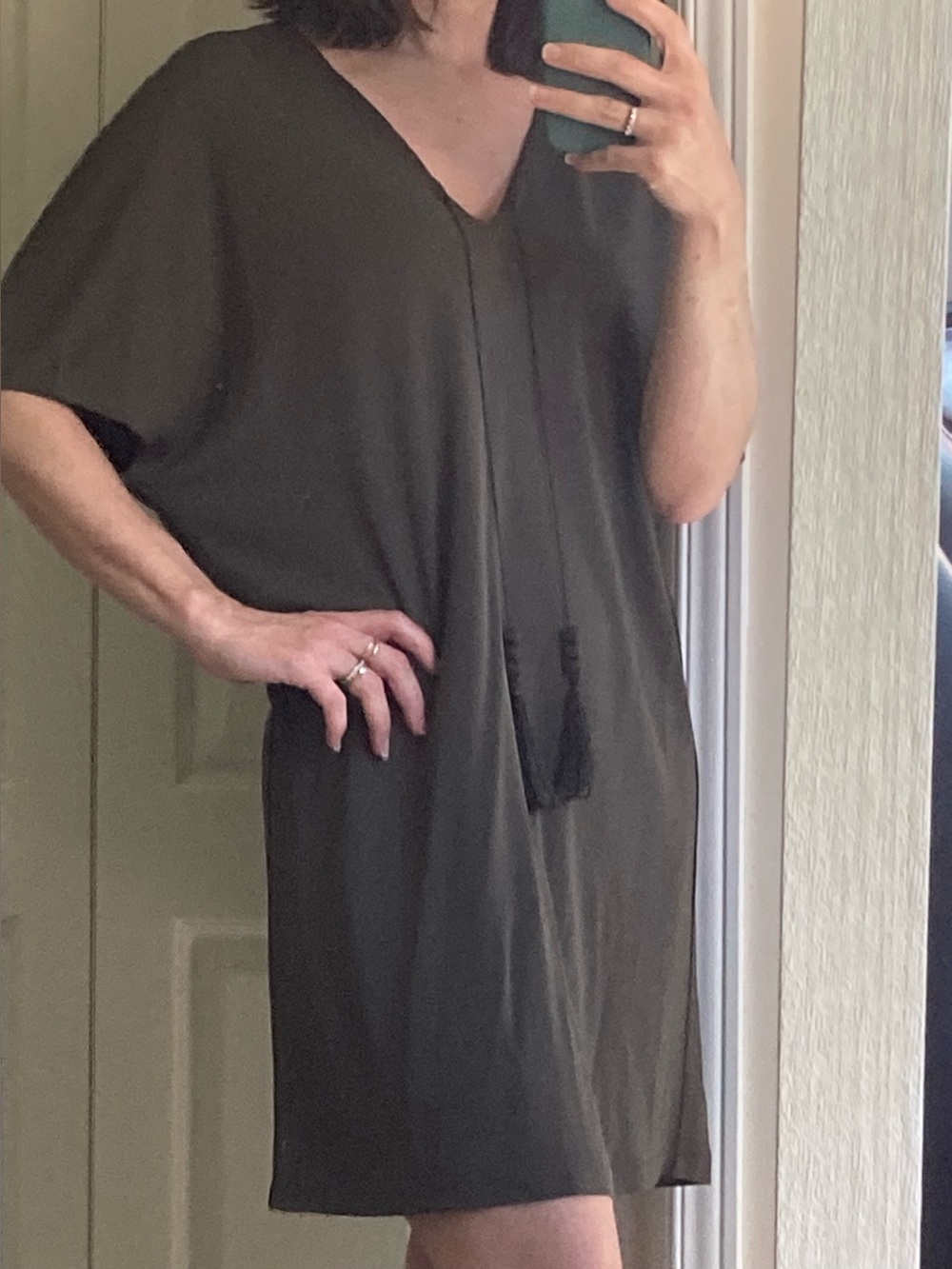 Olive Green Minimalist Dress with Tassels, Size 4